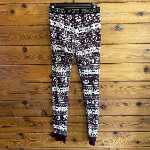 VS PINK Maroon and White Snowflake Thermal Pajamas Small - Picture 2 of 6